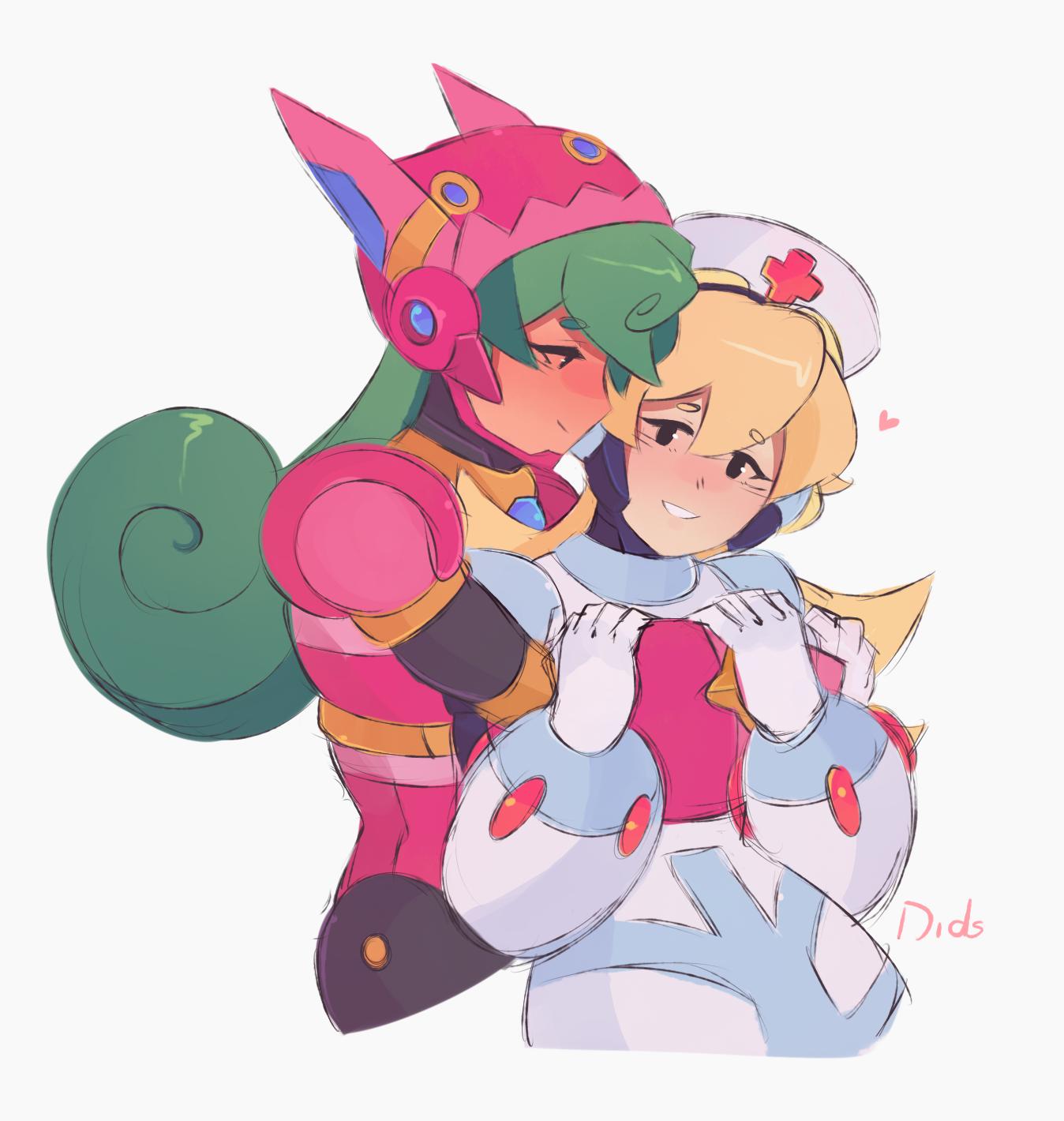 20_sages, 2girls, android, black_eyes, blonde_hair, blush, cinnamon, cropped_torso