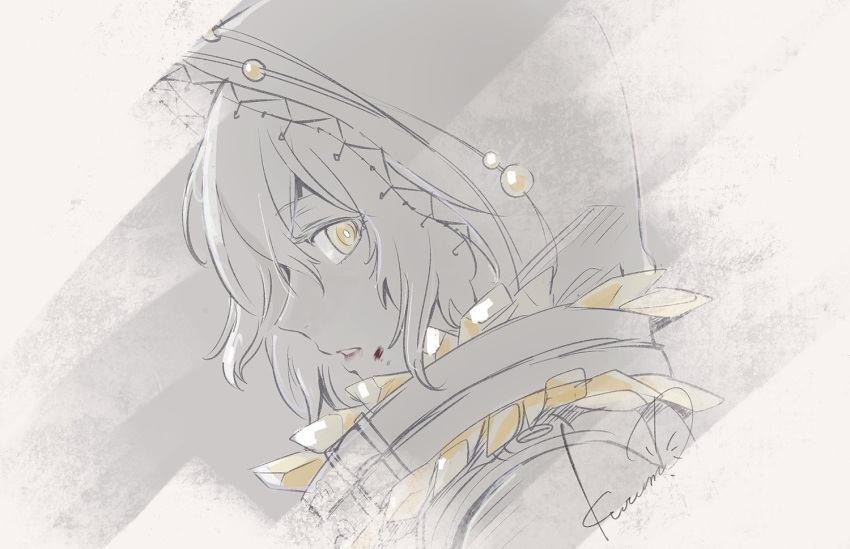 1girl, bangs, blood, blood_on_face, code_vein, greyscale, hood, io_(code_vein)