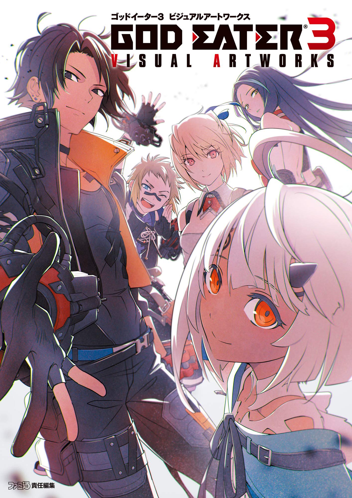 bangs, bare_shoulders, black_hair, blonde_hair, breasts, claire_victorious, everyone, eyebrows_visible_through_hair, fingerless_gloves, gloves, god_eater, god_eater_3, highres, kurumi_kobayashi, large_breasts, long_hair, looking_at_viewer, official_art, open_mouth, short_hair, simple_background, tagme, text_focus
