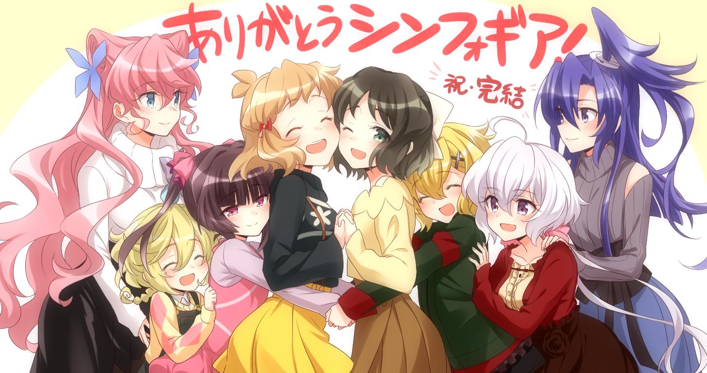 6+girls, ahoge, akatsuki_kirika, black_hair, blonde_hair, blue_hair, bow, braid