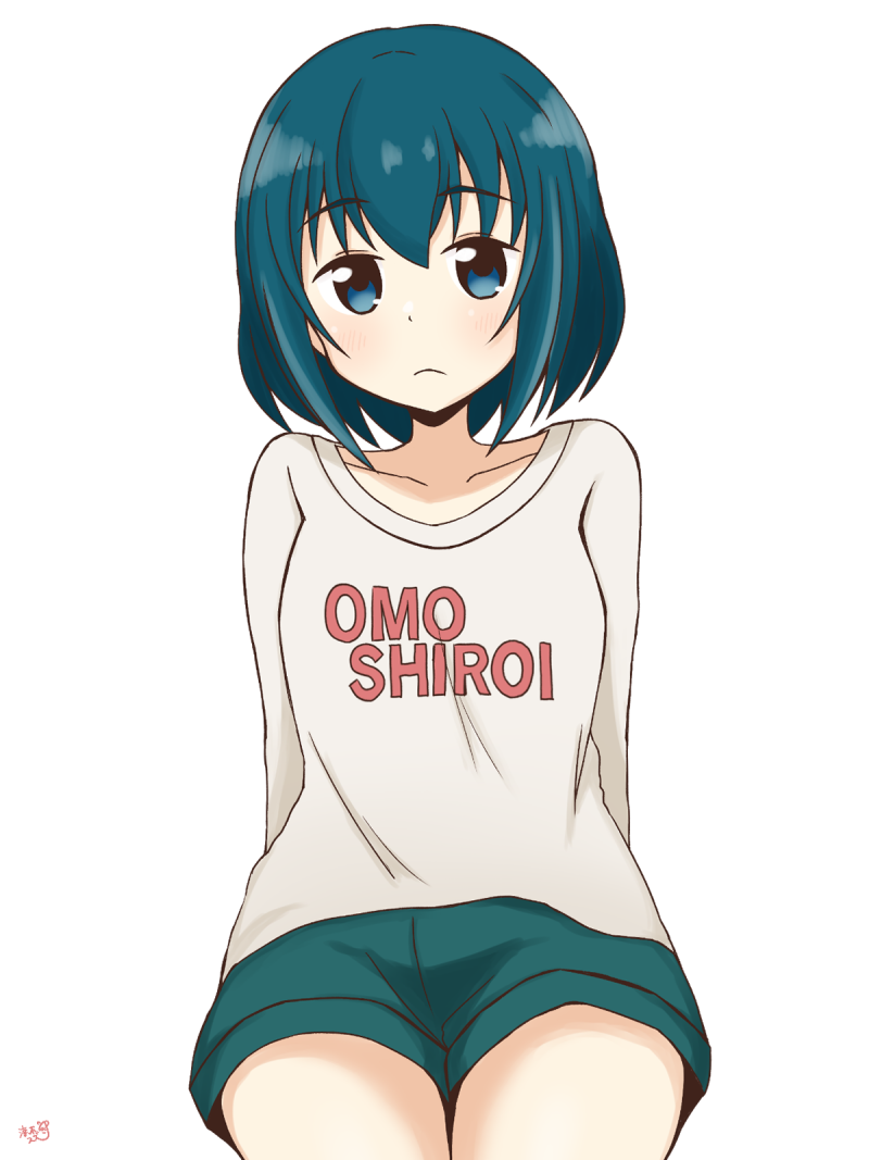 1girl, arms_behind_back, artist_name, blue_eyes, blue_hair, blue_shorts, blush, closed_mouth