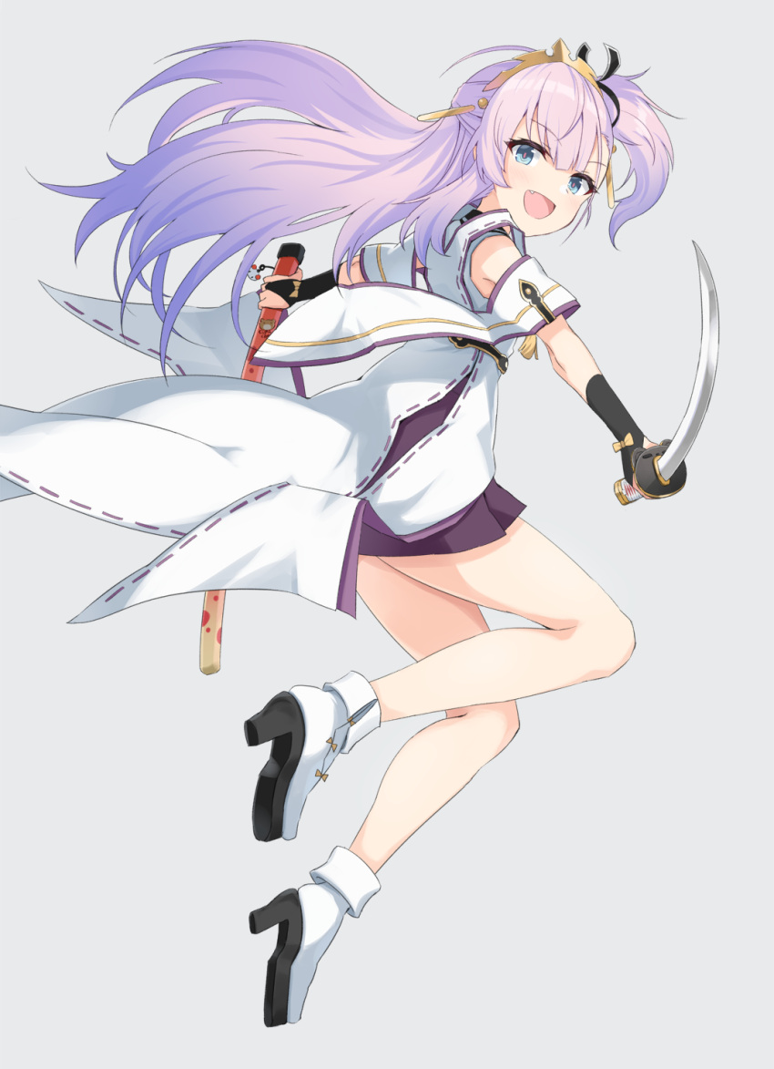 1girl, alternate_costume, bare_legs, blue_eyes, boots, commentary_request, detached_sleeves, fang