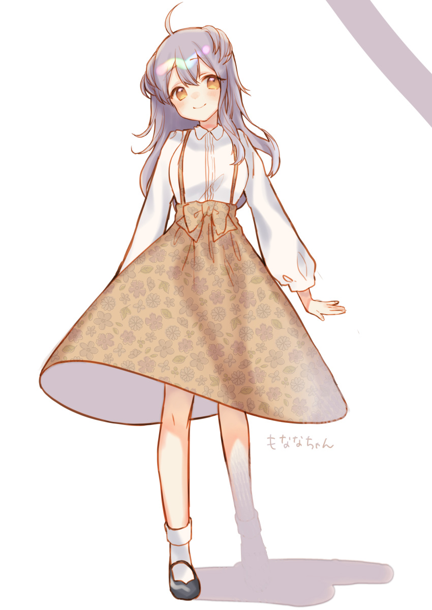 1girl, absurdres, ahoge, avatar_2.0_project, bangs, black_footwear, blush, brown_skirt, casual, closed_mouth, floral_print, full_body, grey_hair, hair_between_eyes, high-waist_skirt, highres, long_hair, long_skirt, long_sleeves, makino_monaka, mokokiyo_(asaddr), shirt, skirt, smile, socks, solo, suspender_skirt, suspenders, virtual_youtuber, white_legwear, white_shirt, yellow_eyes