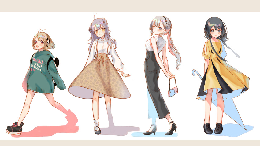 1girl, 4girls, ahoge, amagasaki_eko, animal_backpack, avatar_2.0_project, backpack, bag, bangs, black_eyes, black_footwear, black_hair, black_hairband, black_legwear, black_pants, blonde_hair, blue_eyes, blush, breasts, brown_skirt, casual, closed_mouth, commentary, dress, floral_print, from_behind, from_side, full_body, green_sweater, grey_hair, hair_between_eyes, hair_ornament, hairband, handbag, high-waist_pants, high-waist_skirt, high_heels, highres, holding, holding_bag, holding_umbrella, letterboxed, long_hair, long_skirt, long_sleeves, looking_at_viewer, looking_back, makino_monaka, medium_breasts, mokokiyo_(asaddr), multicolored_hair, multiple_girls, musubime_yui, open_mouth, panda_hair_ornament, pants, pink_hair, puffy_short_sleeves, puffy_sleeves, red_eyes, shadow, shirono_kuromi, shirt, shoes, short_hair, short_sleeves, shorts, shoulder_cutout, silver_hair, simple_background, skirt, sleeveless, sleeves_past_fingers, sleeves_past_wrists, smile, sneakers, socks, solo, suspender_skirt, suspenders, sweater, teardrop, umbrella, virtual_youtuber, white_background, white_legwear, white_shirt, white_shorts, yellow_dress, yellow_eyes