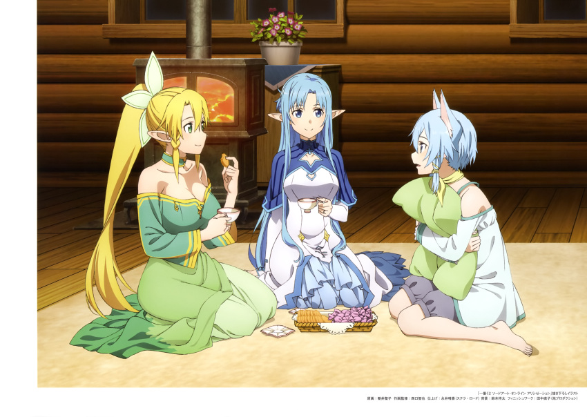 3girls, absurdres, artist_request, asai_seiko, asuna_(sao), barefoot, blonde_hair, cup