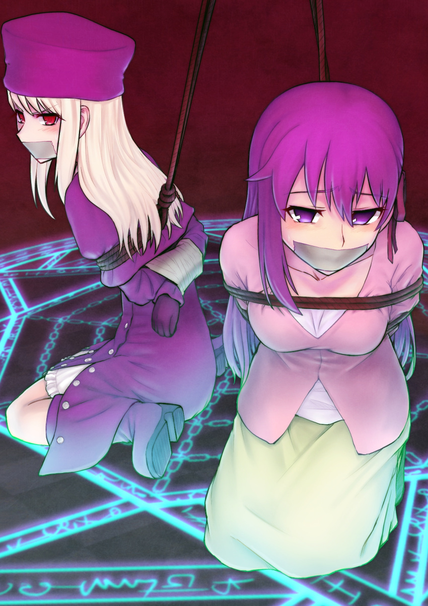 2girls, arms_behind_back, boots, bound, bound_arms, fate/stay_night, fate_(series), gag