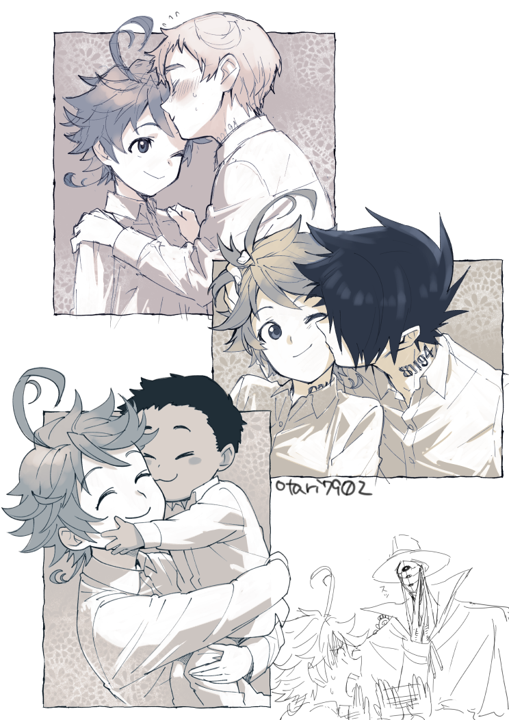 1girl, 4boys, afterimage, blush, cheek_kiss, child, child_carry, dark_skin, dark_skinned_male, emma_(yakusoku_no_neverland), forehead_kiss, hand_in_hair, hand_on_another's_head, hands_on_another's_shoulders, hetero, indesign, kiss, long_sleeves, multiple_boys, neck_tattoo, norman_(yakusoku_no_neverland), one_eye_closed, outside_border, phil_(yakusoku_no_neverland), profile, ray_(yakusoku_no_neverland), rejection, short_hair, sketch, smile, sweat, sweating_profusely, tattoo, yakusoku_no_neverland