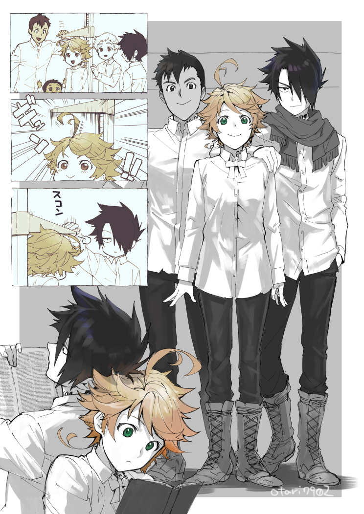 1girl, 4boys, :>, ahoge, back-to-back, book, boots, breasts