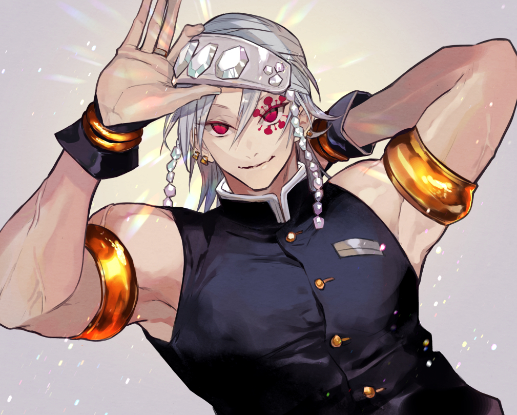 1boy, armlet, bridal_guantlets, facial_mark, gem, grey_background, headband, itefu