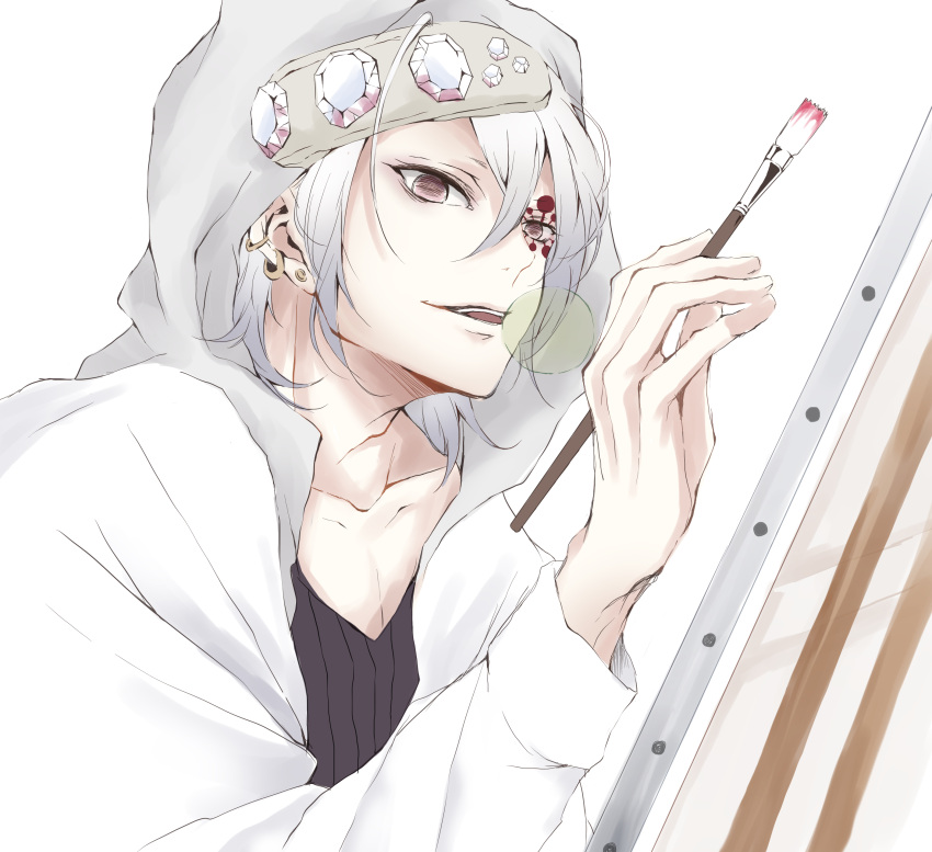 1boy, absurdres, alternate_costume, canvas_(object), earrings, facial_mark, gem, headband