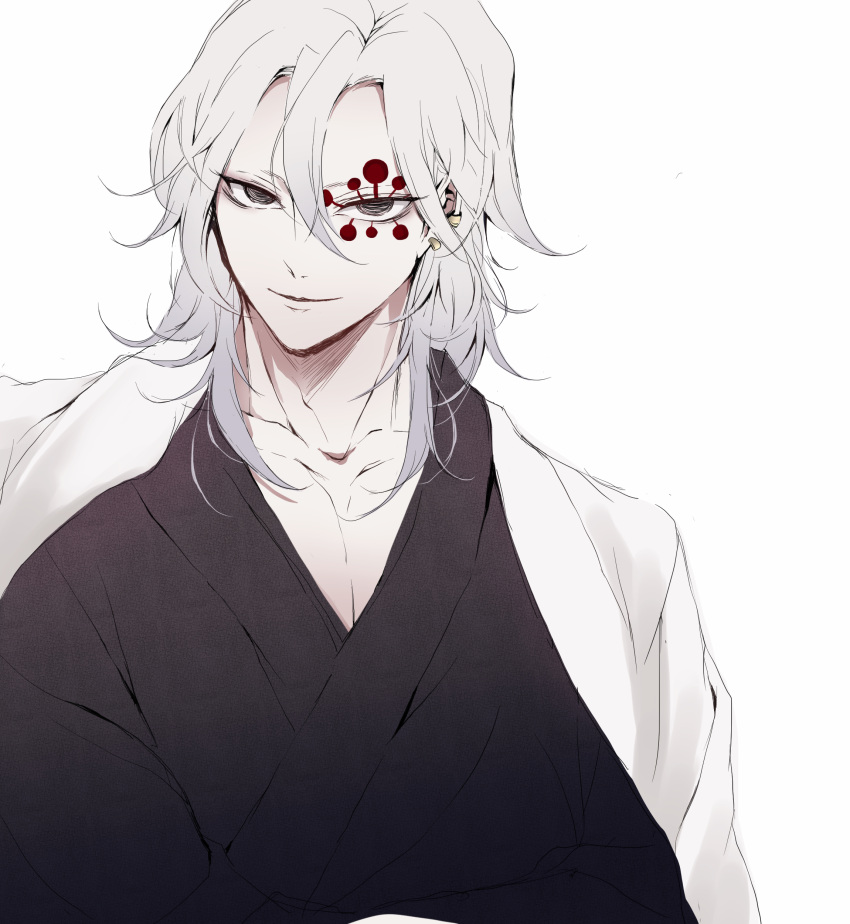 1boy, absurdres, facial_mark, grey_eyes, haori, highres, japanese_clothes, kimetsu_no_yaiba, kimono, looking_at_viewer, male_focus, saeki_37, short_hair, silver_hair, smile, upper_body, uzui_tengen, white_hair