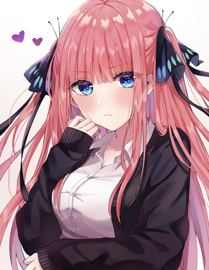 1girl, bangs, blue_eyes, blunt_bangs, blush, breasts, butterfly_hair_ornament, cardigan