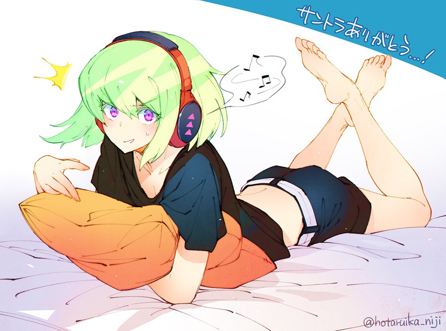 1boy, barefoot, bed, earrings, green_hair, headphones, hotaruika_niji, jewelry