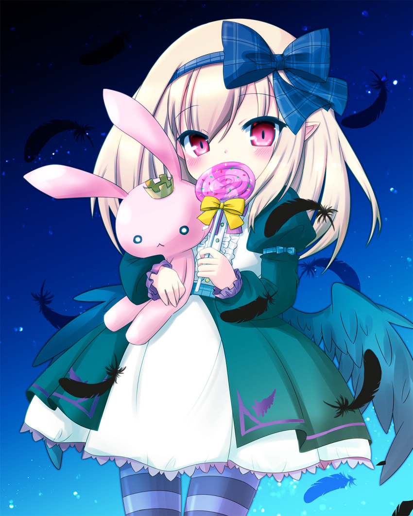 1girl, akino_sakura, blonde_hair, blue_legwear, blue_ribbon, blush, candy, commentary_request