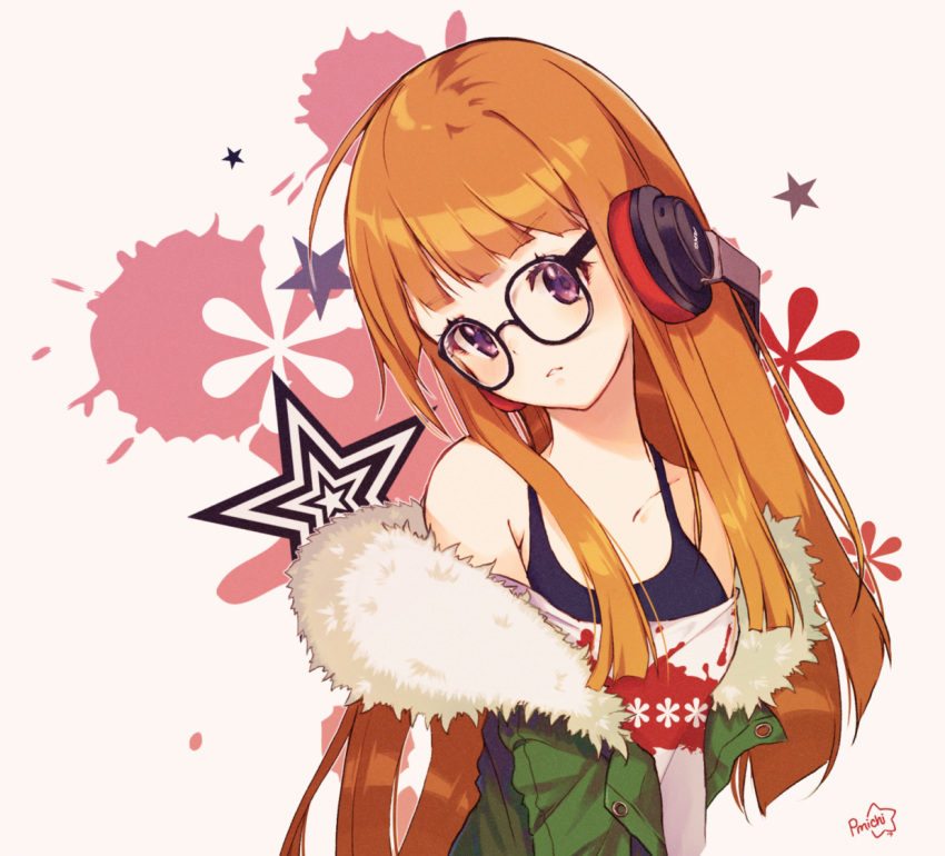 1girl, atlus, bangs, black-framed_eyewear, blunt_bangs, brown_hair, cropped_torso, cute, fur_trim, glasses, green_jacket, head_tilt, headphones, jacket, looking_at_viewer, megami_tensei, moe, peachy_michi, persona, persona_5, sakura_futaba, signature, solo, violet_eyes, white_background