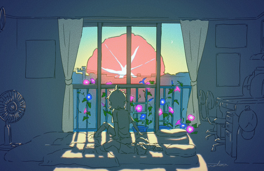 2boys, arm_support, barefoot, baseball_cap, bed_sheet, blue_flower, blue_sky, camellia, chair, crescent_moon, curtains, day, desk, electric_fan, facing_away, fan, flower, glowing, glowing_flower, gradient, gradient_sky, hat, highres, indoors, leaf, looking_out_window, lying, male_focus, mattress, messy_hair, moon, multiple_boys, natsu3summer, office_chair, on_back, orange_sky, original, oversized_flowers, partially_colored, pillow, pink_flower, plant, poster_(object), railing, red_flower, shadow, shirt, short_sleeves, shorts, signature, sitting, sky, sleeping, sunlight, sunset, vines, wide_shot, window