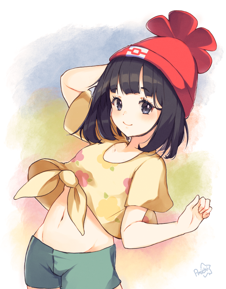 1girl, arm_up, bangs, beanie, black_eyes, black_hair, blunt_bangs, blush