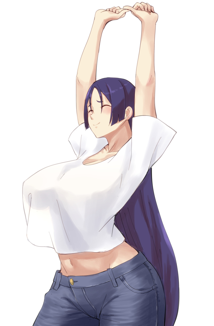 1girl, absurdres, alternate_costume, arms_up, bangs, breasts, casual, closed_eyes