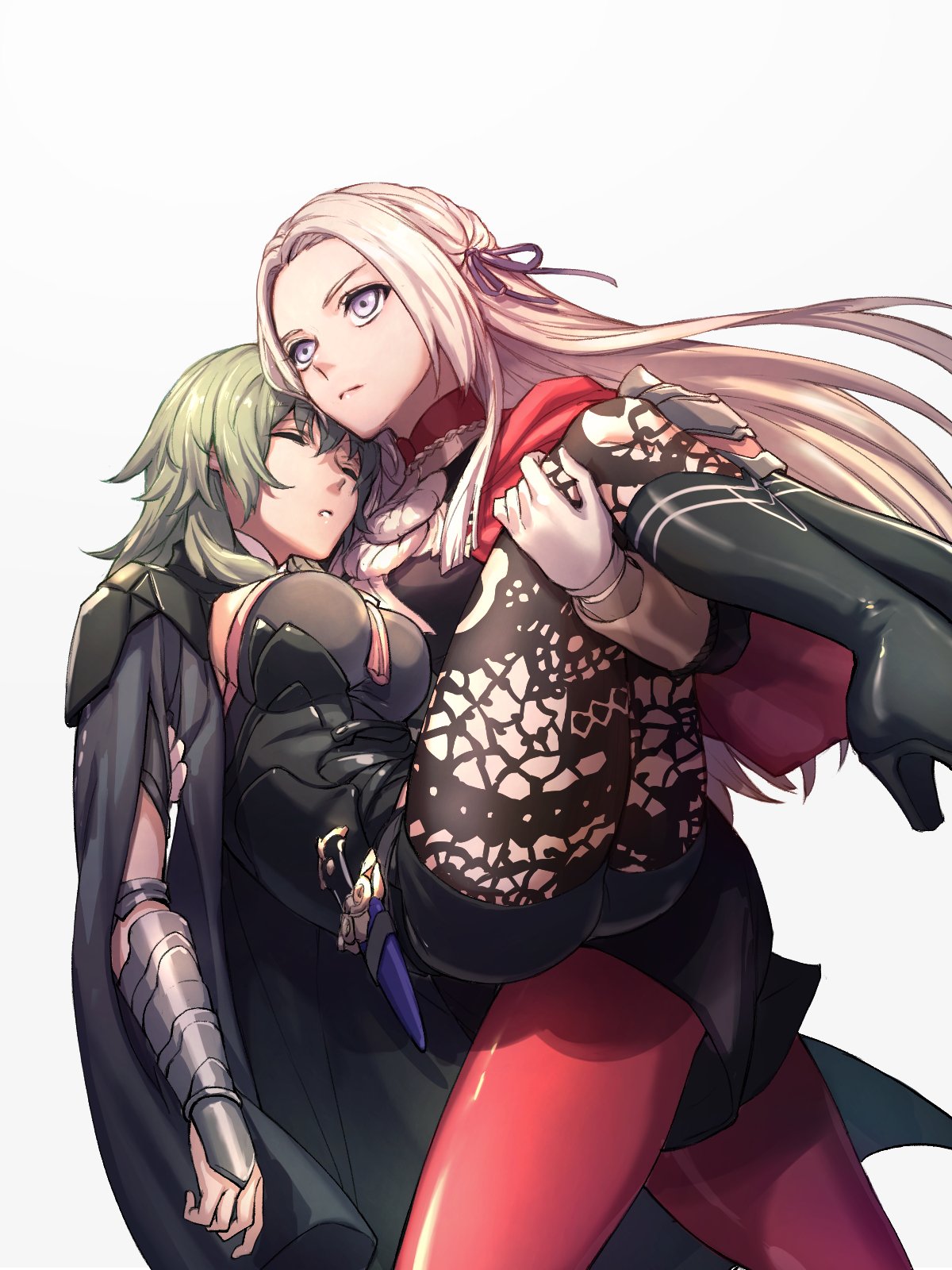 2girls, armor, blonde_hair, blue_hair, byleth_(fire_emblem), byleth_eisner_(female), cape, carrying