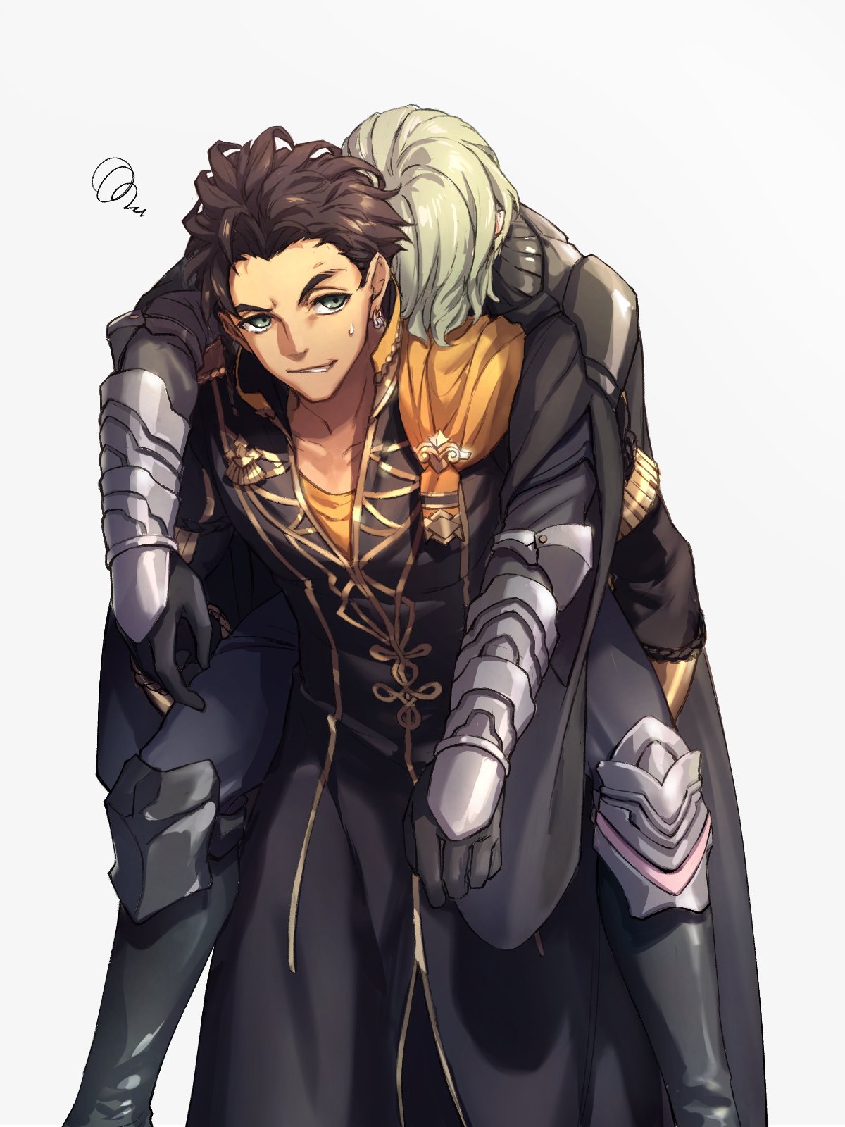 2boys, armor, blonde_hair, blue_hair, boots, brown_hair, byleth_(fire_emblem), byleth_eisner_(male)