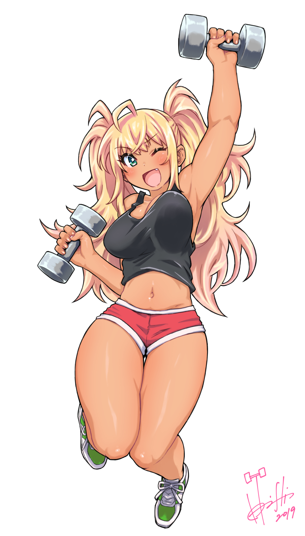 black_tank_top, blonde_hair, breasts, commentary_request, curvy, danberu_nan_kiro_moteru?, dark_skin, dated