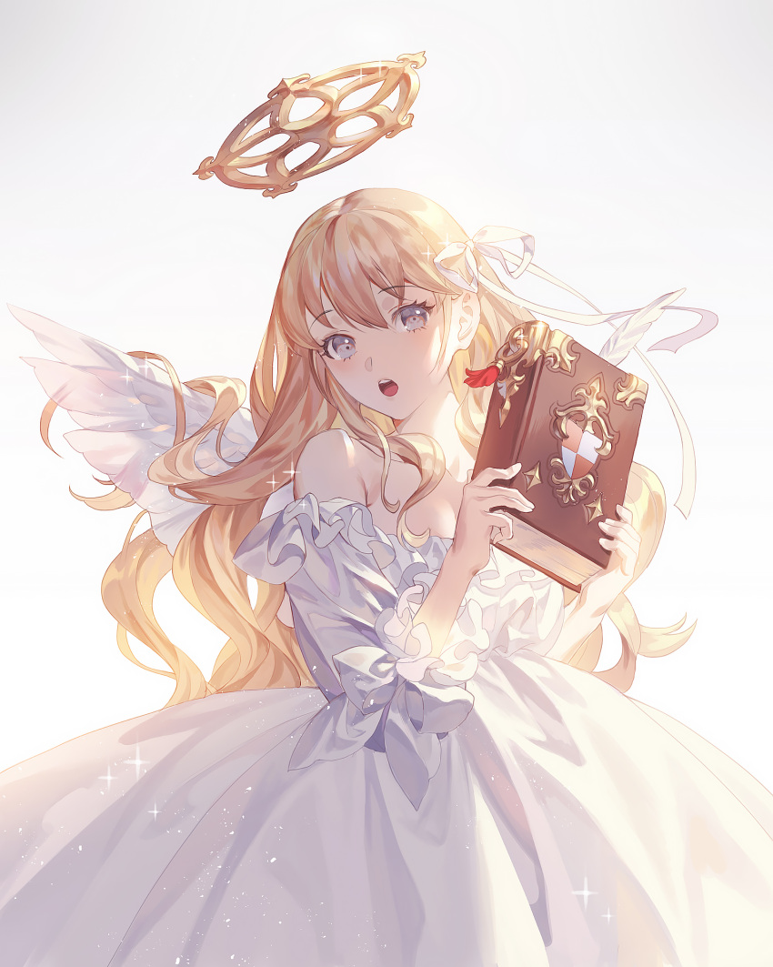 1girl, angel, angel_wings, bare_shoulders, blonde_hair, blue_eyes, book, commentary
