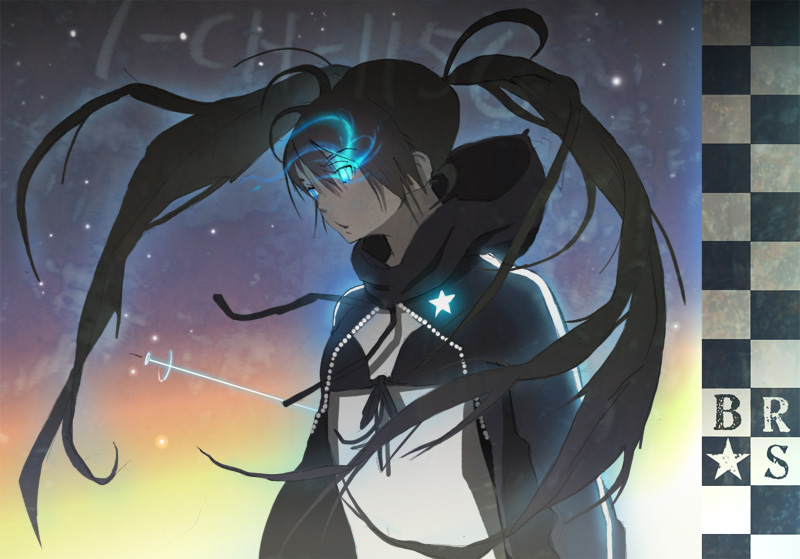 black_hair, black_rock_shooter, black_rock_shooter_(character), blue_eyes, long_hair, midriff, solo, tashiro_hokekyo, twintails, vocaloid