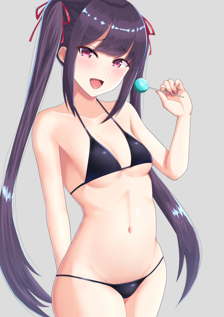 1girl, :d, arm_behind_back, bangs, bikini, black_bikini, blunt_bangs, blush