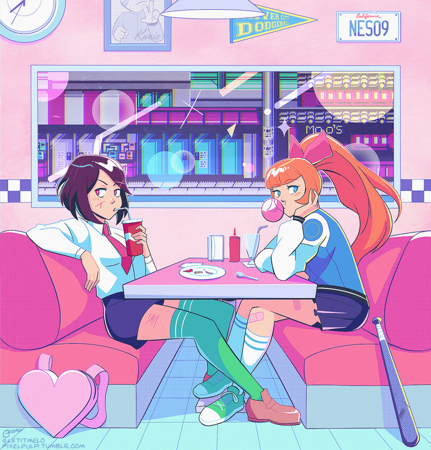 2girls, bandaid, bandaid_on_knee, bandaid_on_leg, bangs, baseball_bat, blood, blood_on_face