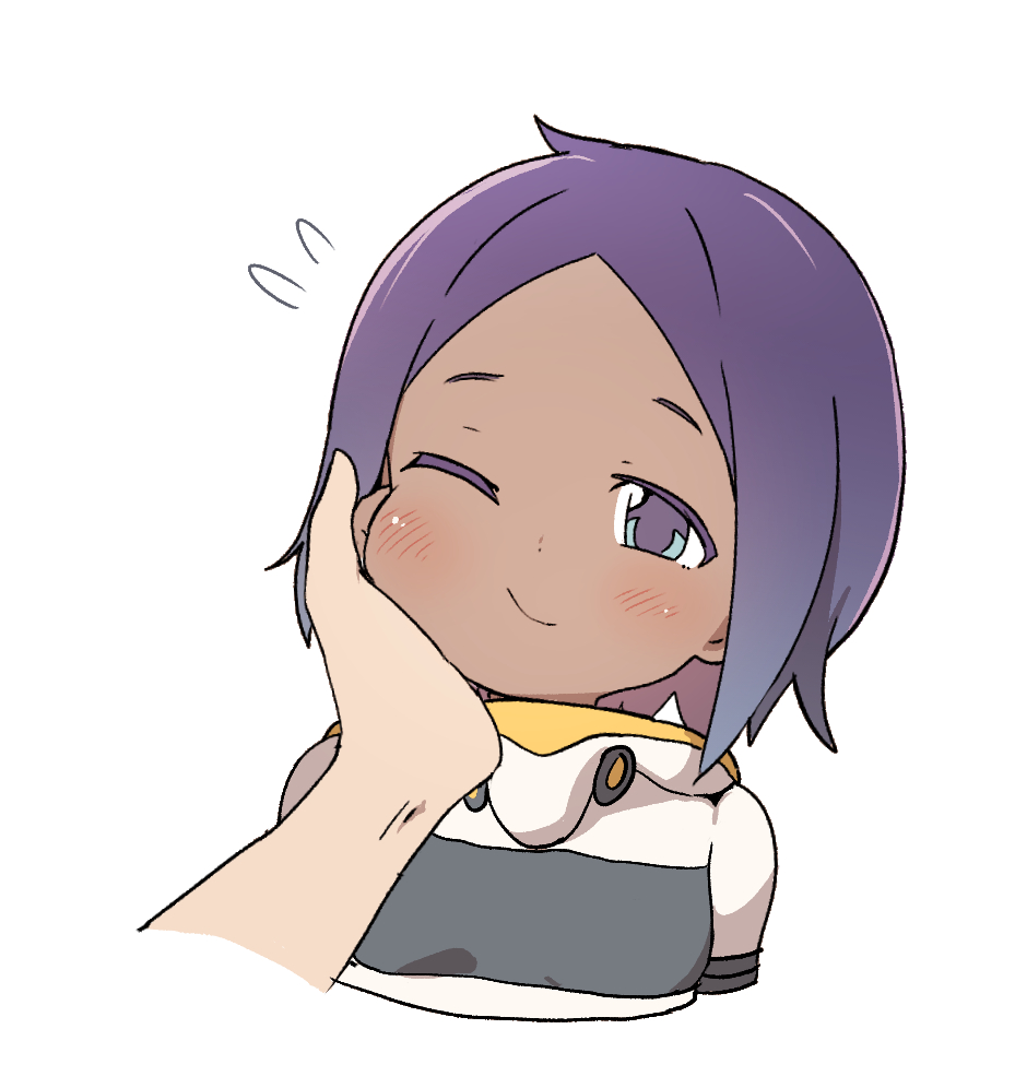 1girl, blue_eyes, blush, coco_mercury, dark_skin, flying_sweatdrops, hand_on_another's_face, last_origin, looking_at_viewer, luke_(dydansgur), one_eye_closed, purple_hair, short_hair, smile, solo_focus, white_background