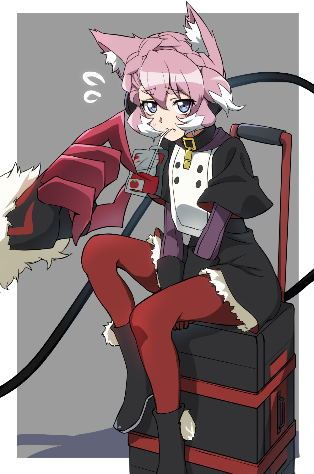1girl, animal_ear_fluff, animal_ears, black_collar, blood, blood_bag, blue_eyes, braid
