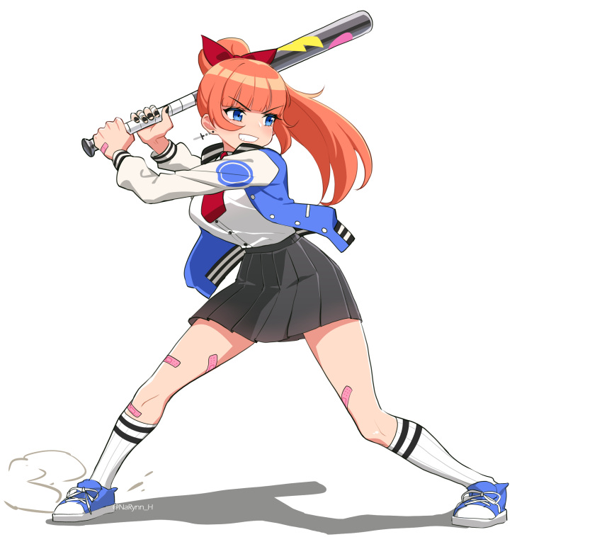 1girl, :d, bandaid, bangs, baseball_bat, black_nails, black_skirt, blue_eyes