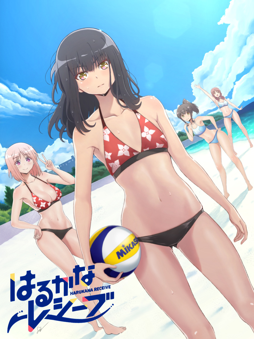 4girls, absurdres, ai_shou, ball, bikini, black_hair, blue_sky, breasts
