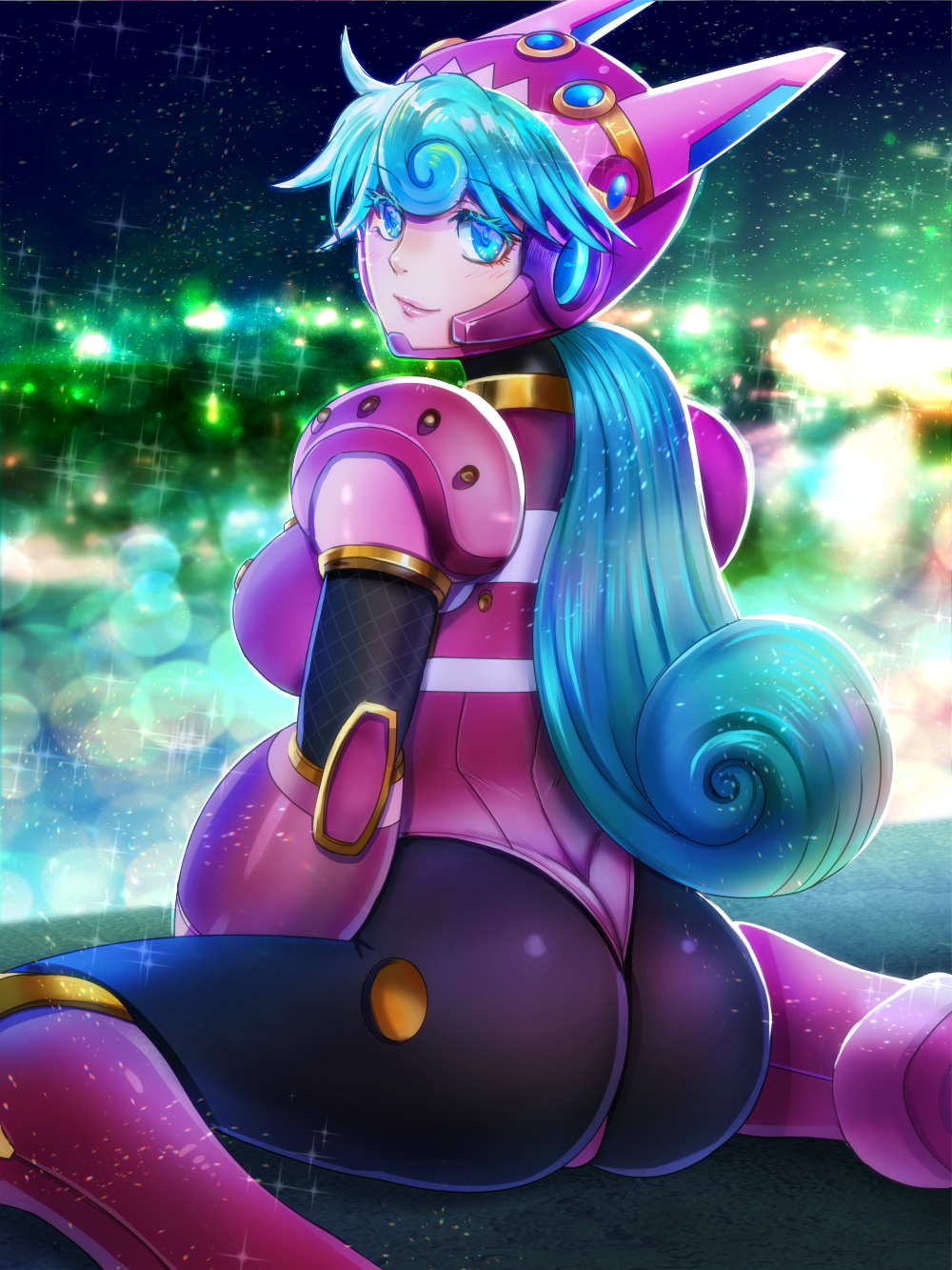 1girl, android, ass, bangs, blue_eyes, blush, breasts, capcom