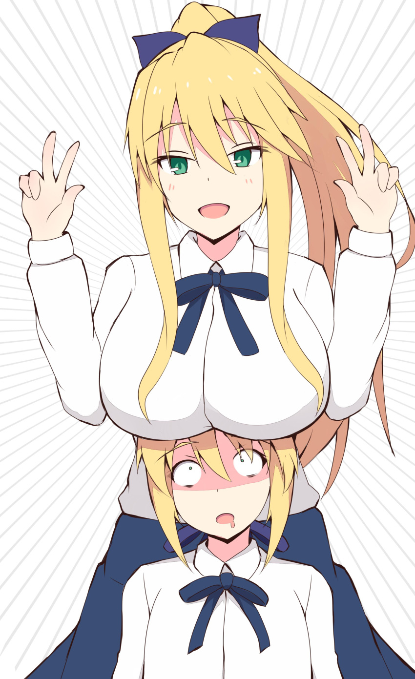 2girls, absurdres, artoria_pendragon_(all), artoria_pendragon_(lancer), blonde_hair, blue_skirt, bow, breasts