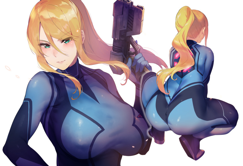 1girl, ass, back, bangs, blue_bodysuit, blue_eyes, blush, bodysuit