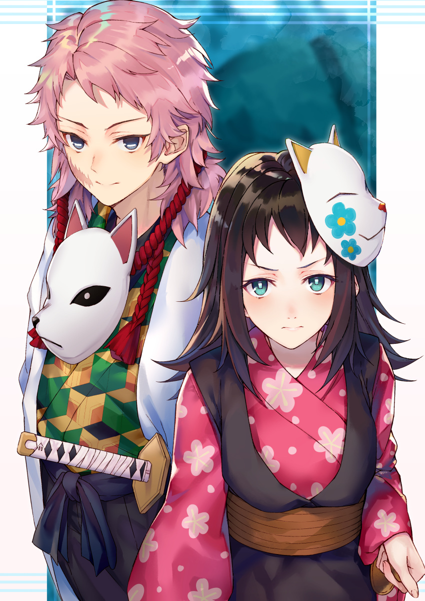 1boy, 1girl, absurdres, black_cola, black_dress, black_hair, black_hakama, blue_eyes