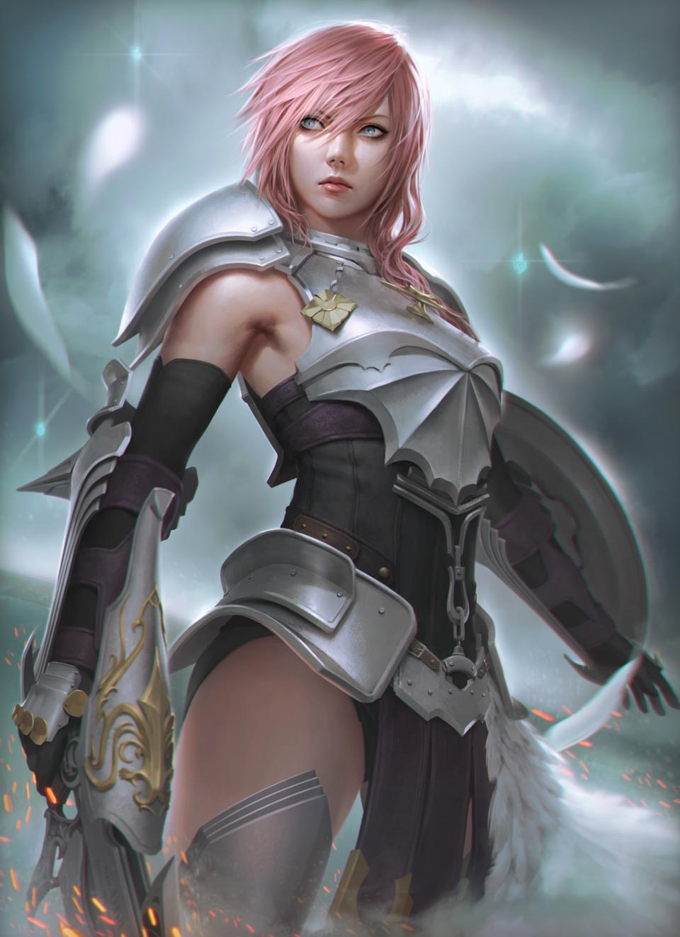 1girl, arieaesu, armor, armpits, asymmetrical_hair, blurry, blurry_background, breastplate