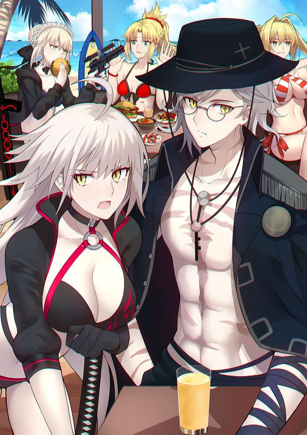 1boy, 4girls, abs, ahoge, artoria_pendragon_(all), artoria_pendragon_(swimsuit_rider_alter), bangs, beach