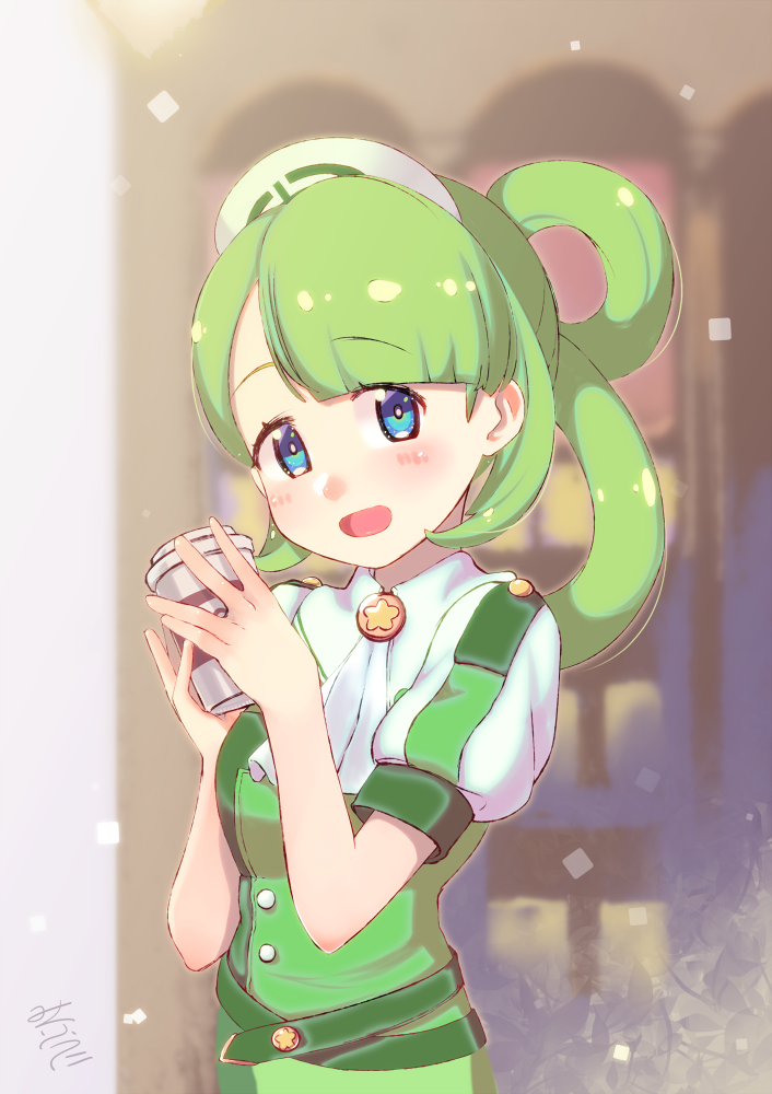 1girl, bangs, blue_eyes, blunt_bangs, blush, green_hair, hair_rings, hat, holding, long_hair, looking_at_viewer, nurse_cap, open_mouth, outdoors, parted_bangs, pokemon, pokemon_masters, sakusa_(pokemon), short_sleeves, smile, solo, standing, unier, upper_body