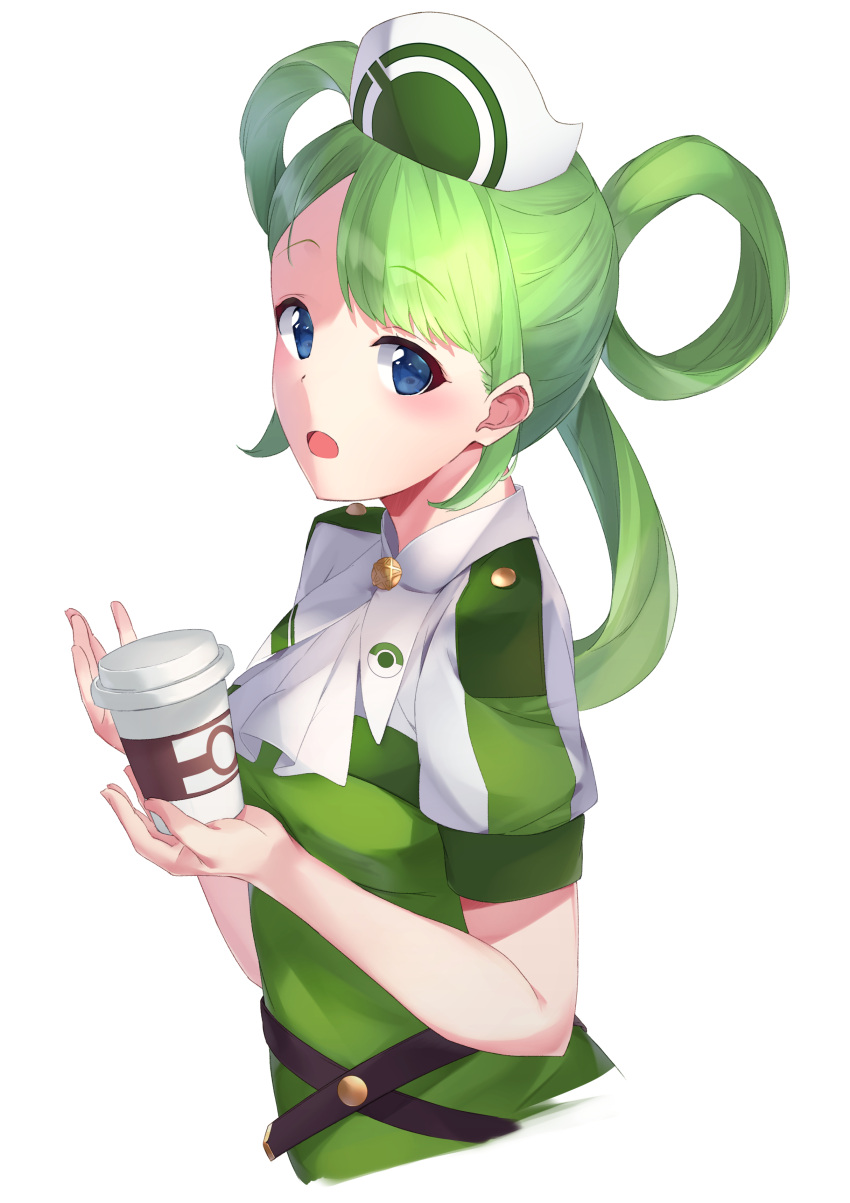 1girl, absurdres, blue_eyes, breasts, cup, disposable_cup, green_hair, hair_rings, hat, highres, holding, holding_cup, long_hair, looking_at_viewer, nurse_cap, open_mouth, parted_bangs, pokemon, pokemon_masters, sakusa_(pokemon), short_sleeves, simple_background, small_breasts, solo, u-st_(uweiter), upper_body, white_background