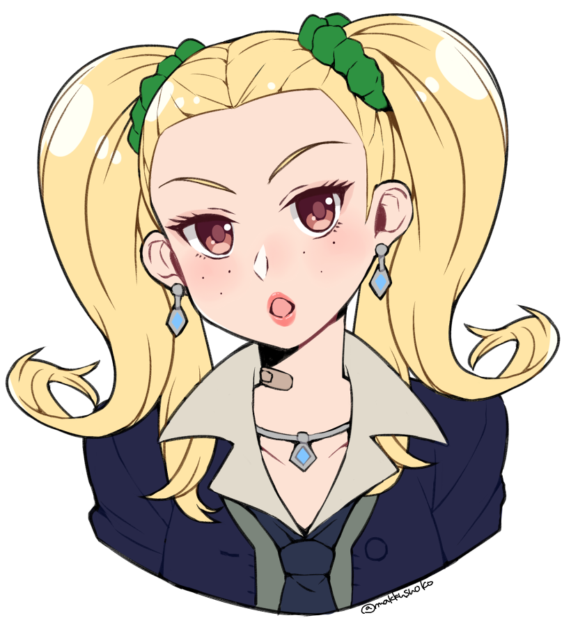 1girl, atlus, ayase_yuka, bandaid, blonde_hair, blue_jacket, blue_neckwear, brown_eyes, do_m_kaeru, earrings, freckles, hair_ornament, hair_scrunchie, jacket, jewelry, lips, lipstick, long_hair, looking_at_viewer, makeup, megami_tensei, necktie, open_mouth, pendant, persona, persona_1, portrait, red_lipstick, scrunchie, simple_background, solo, twintails, twitter_username, white_background