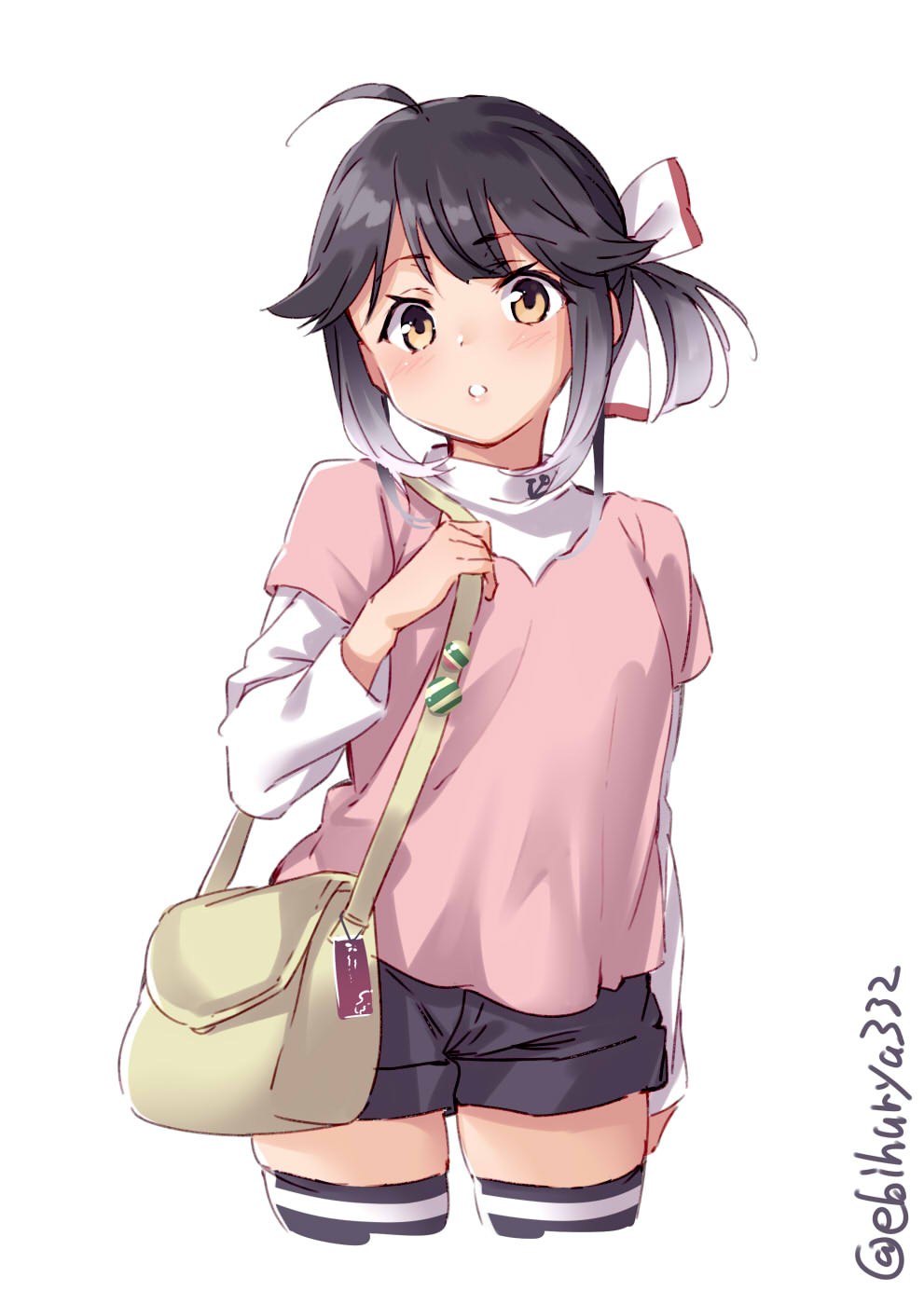 1girl, alternate_costume, bag, black_legwear, ebifurya, eyebrows_visible_through_hair, grey_hair, hair_ribbon