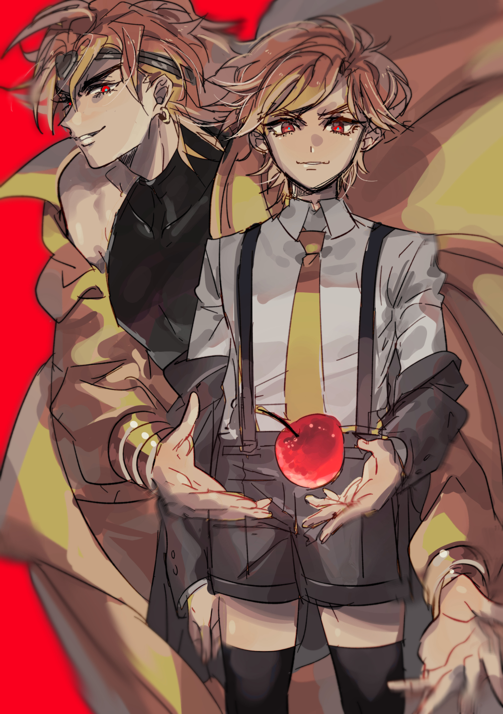 2boys, age_comparison, apple, blonde_hair, coat, dio_brando, doran7280, dual_persona