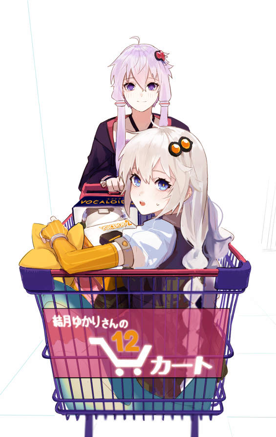2girls, black_jacket, black_skirt, black_vest, blue_eyes, box, braid, character_name