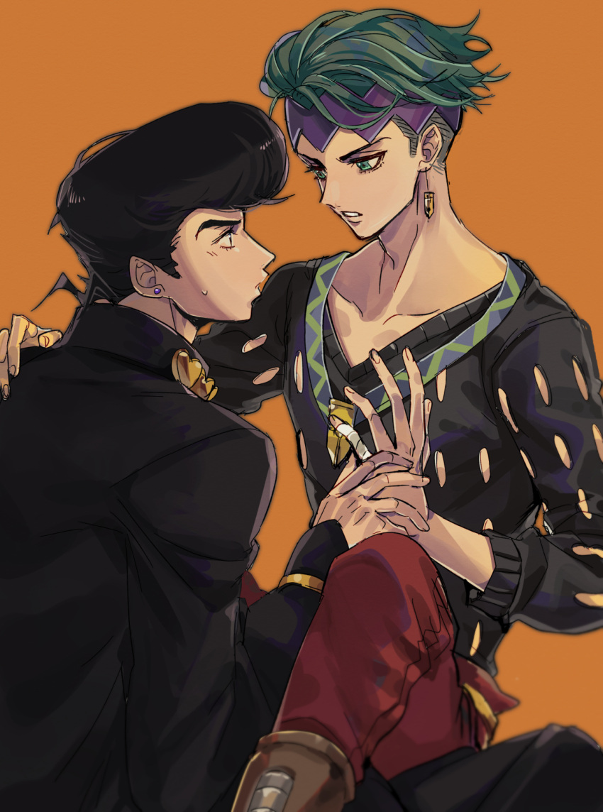 2boys, black_hair, cowboy_shot, diamond_wa_kudakenai, doran7280, earrings, green_eyes, green_hair