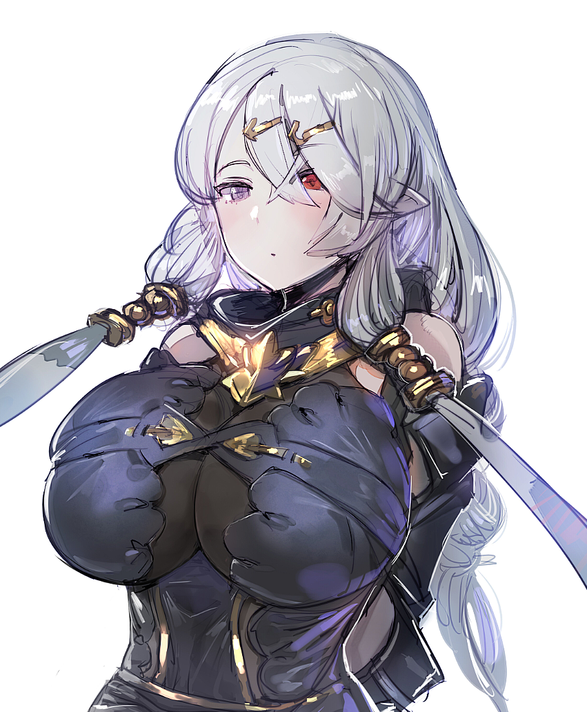 1girl, arms_behind_back, atelier_(series), atelier_ryza, bangs, bare_shoulders, bodysuit, bow_(bhp), breasts, crossed_bangs, hair_ornament, hairclip, heterochromia, hooded_vest, large_breasts, lila_decyrus, long_hair, low_twintails, pale_skin, see-through, twintails