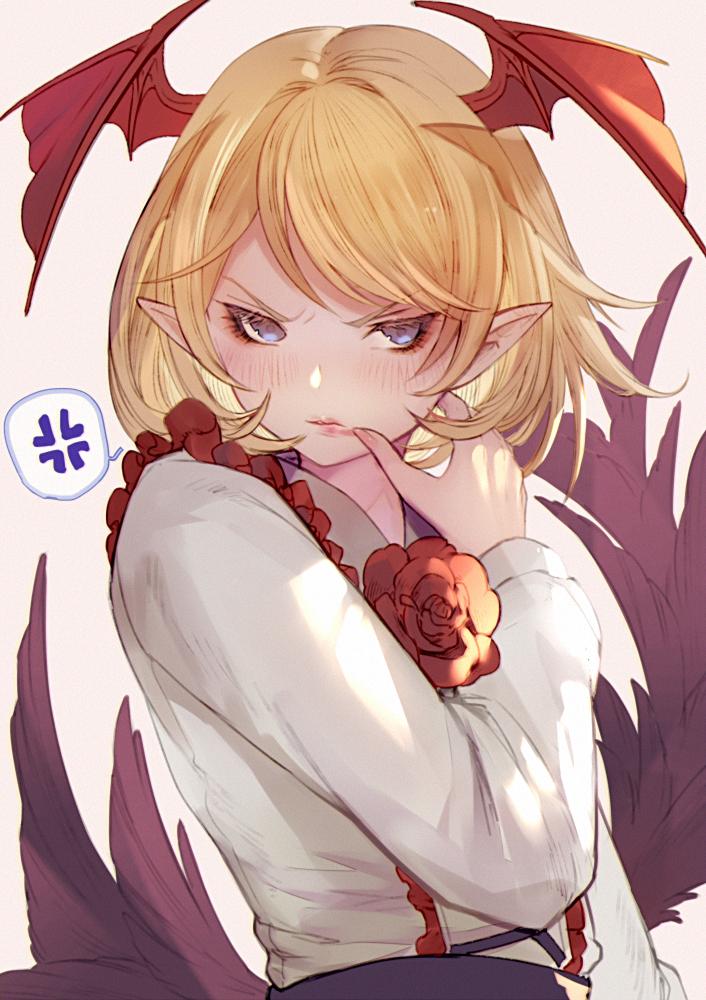 >:(, 1boy, androgynous, angry, bat_wings, blonde_hair, blue_eyes, blush