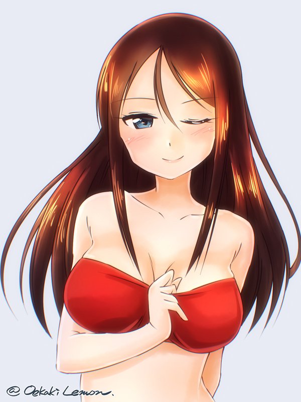 1girl, actas_(studio), arm_behind_back, bangs, bikini, bikini_pull, bikini_top, black_hair, blue_eyes, blush, breasts, closed_mouth, commentary, cute, girls_und_panzer, grey_background, half-closed_eye, large_breasts, long_hair, looking_at_viewer, media_factory, nonna, oekaki_lemon, one_eye_closed, parted_lips, red_bikini, smile, solo, strapless, strapless_bikini, swept_bangs, swimsuit, twitter_username, upper_body