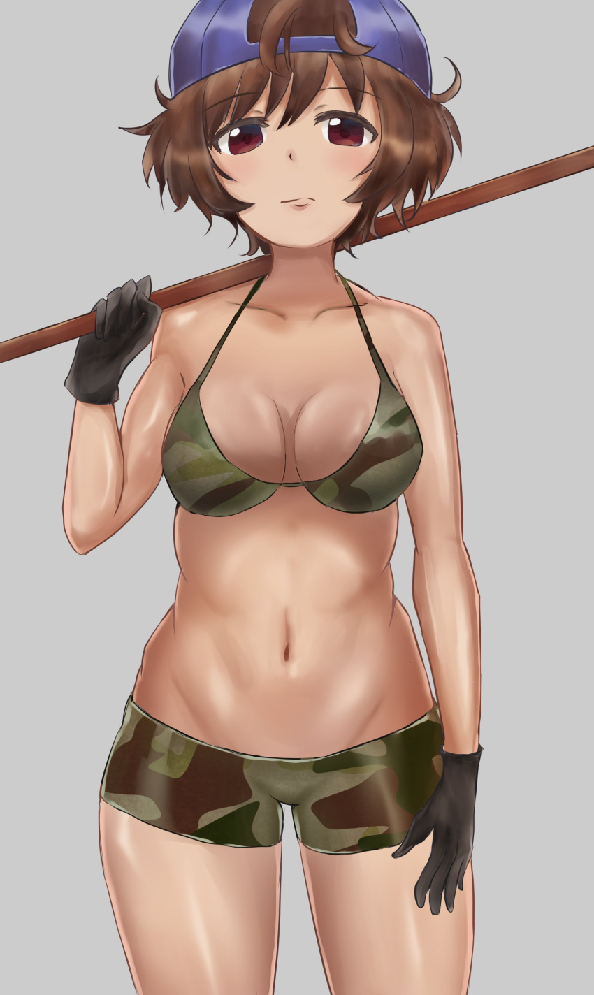 1girl, absurdres, akiyama_yukari, backwards_hat, bangs, baseball_cap, bikini, bikini_shorts